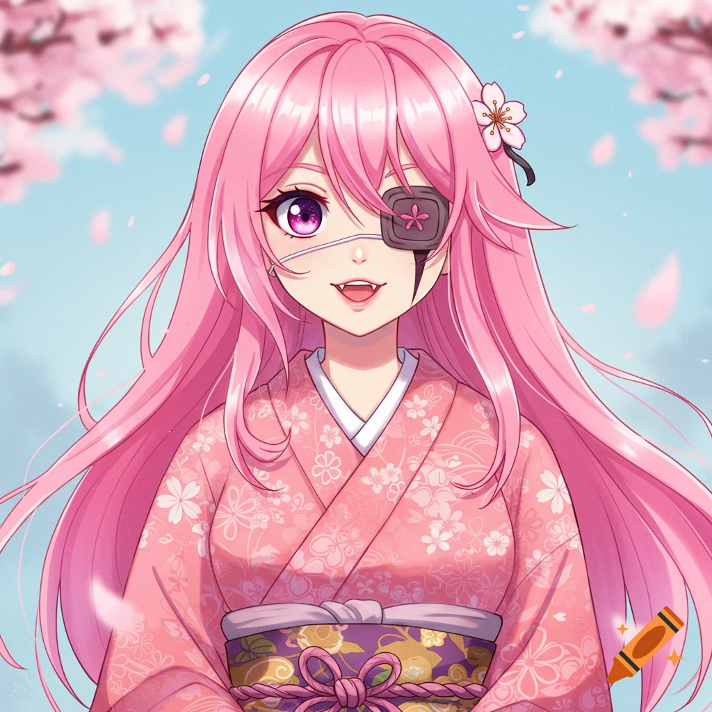An anime girl with pink hair and an eye patch wears a pink kimono surrounded by cherry blossoms.