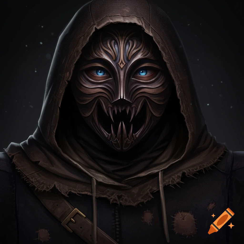 Close-up of a hooded figure wearing a menacing mask with sharp teeth and glowing blue eyes.