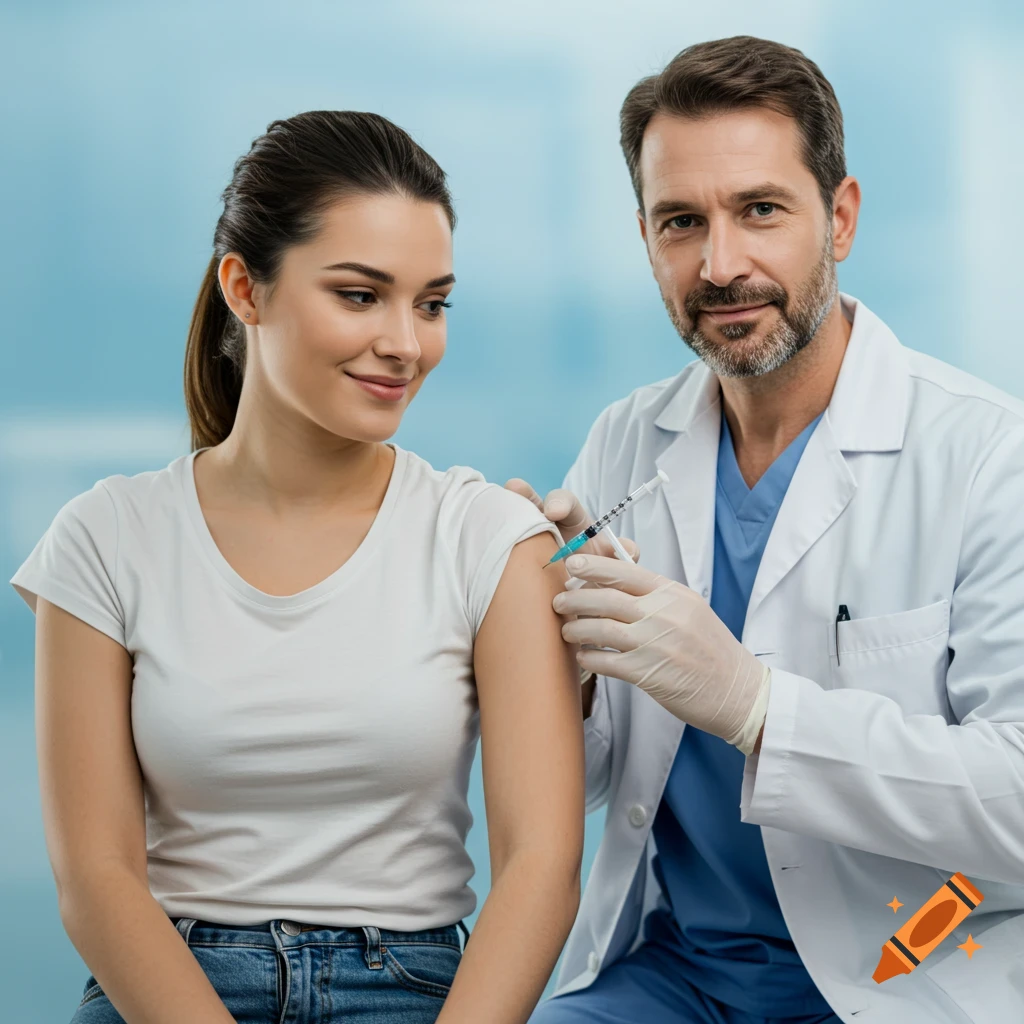 A woman receives a vaccination injection from a doctor.