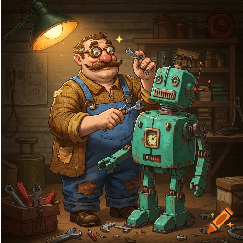 A jolly old engineer fixes a retro robot in a cluttered workshop.