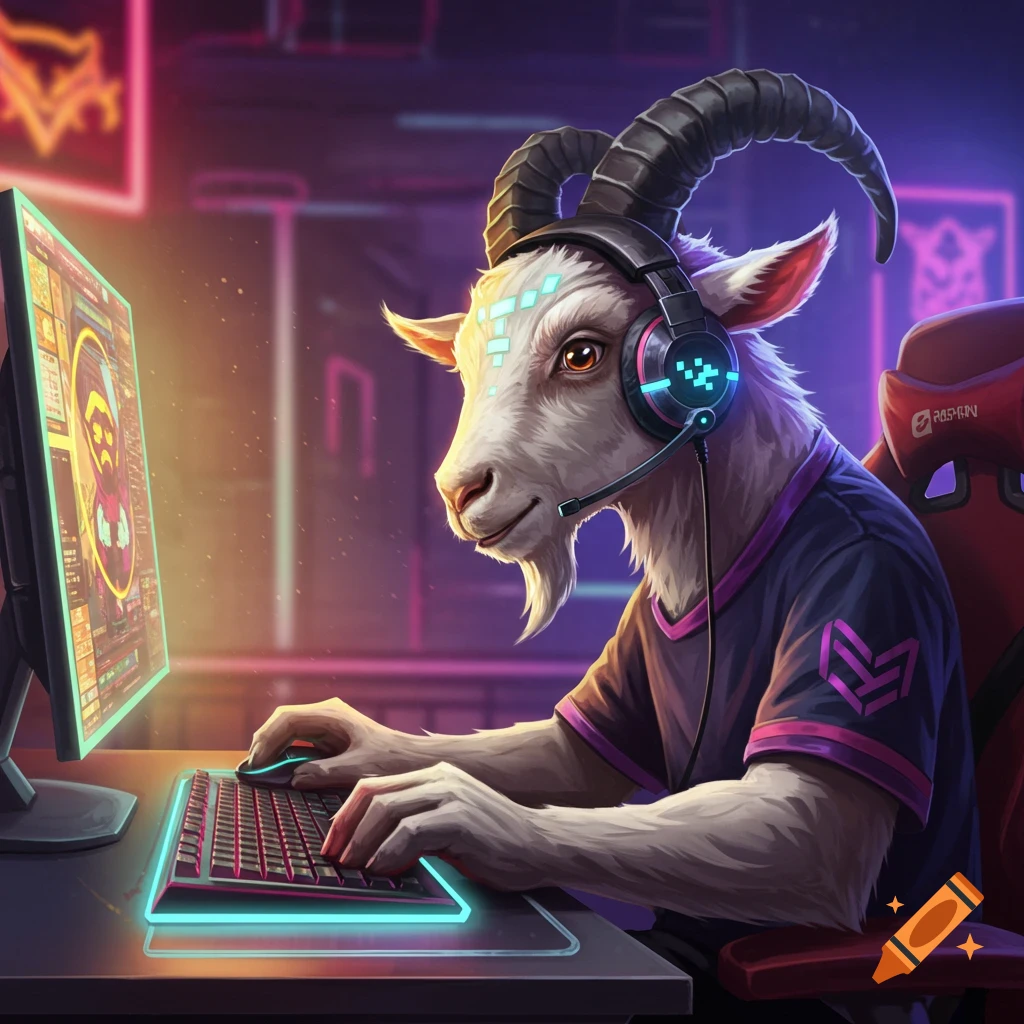 A goat wearing a gaming headset is typing on a keyboard at a computer.