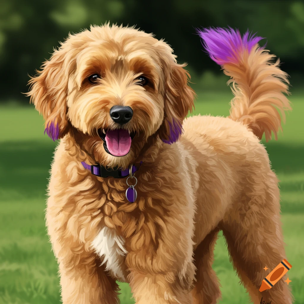 Golden doodle dog with purple ear and tail tips, smiling.