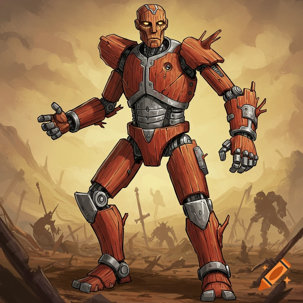 Red wooden and metal robot stands in a ruined battlefield.