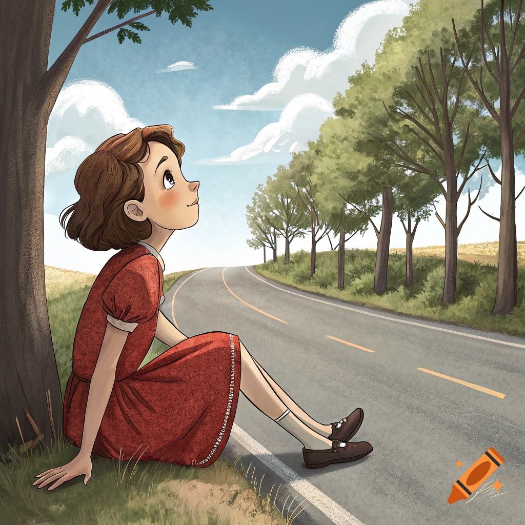 Illustration of a young girl in a red dress sitting by a road looking at the sky.