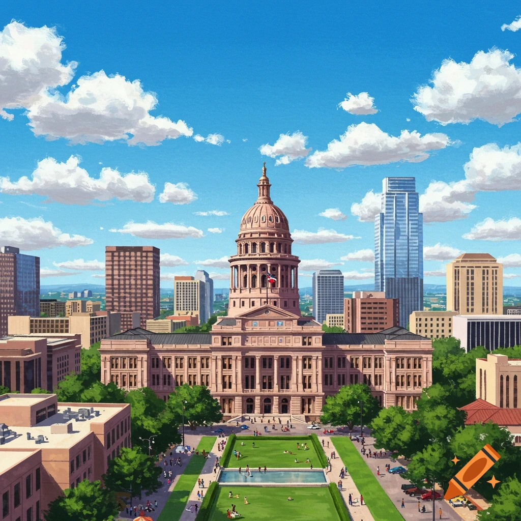 The Texas State Capitol building in Austin, surrounded by grounds, trees, and city buildings under a cloudy sky.