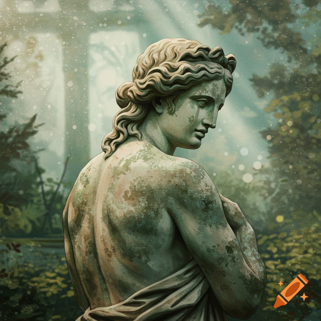 An ancient statue's back stands in a misty garden.