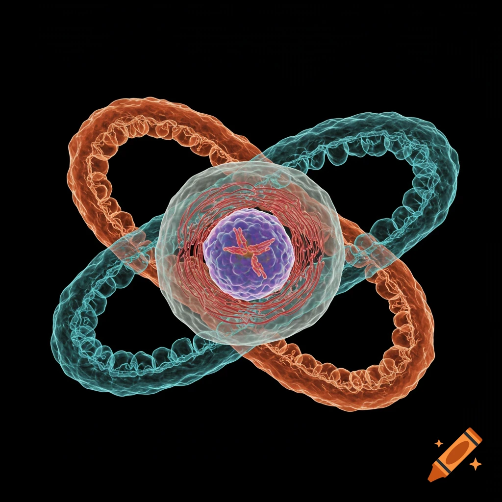 A detailed 3D illustration of a cell nucleus surrounded by orange and blue looping structures.