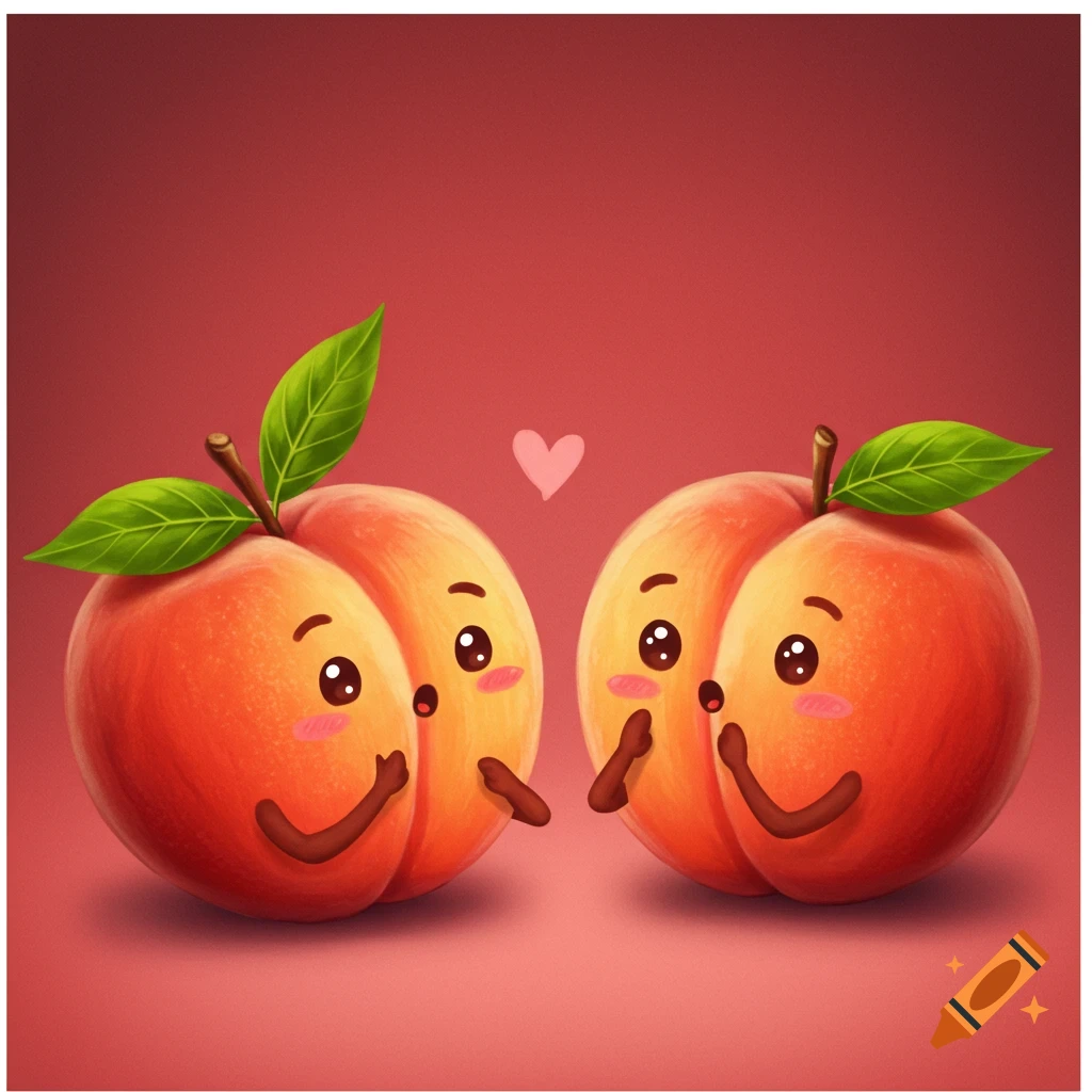 Two cute cartoon peaches with faces whispering to each other