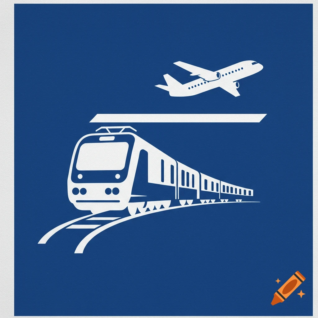 A white graphic symbol of a train and an airplane on a blue background.