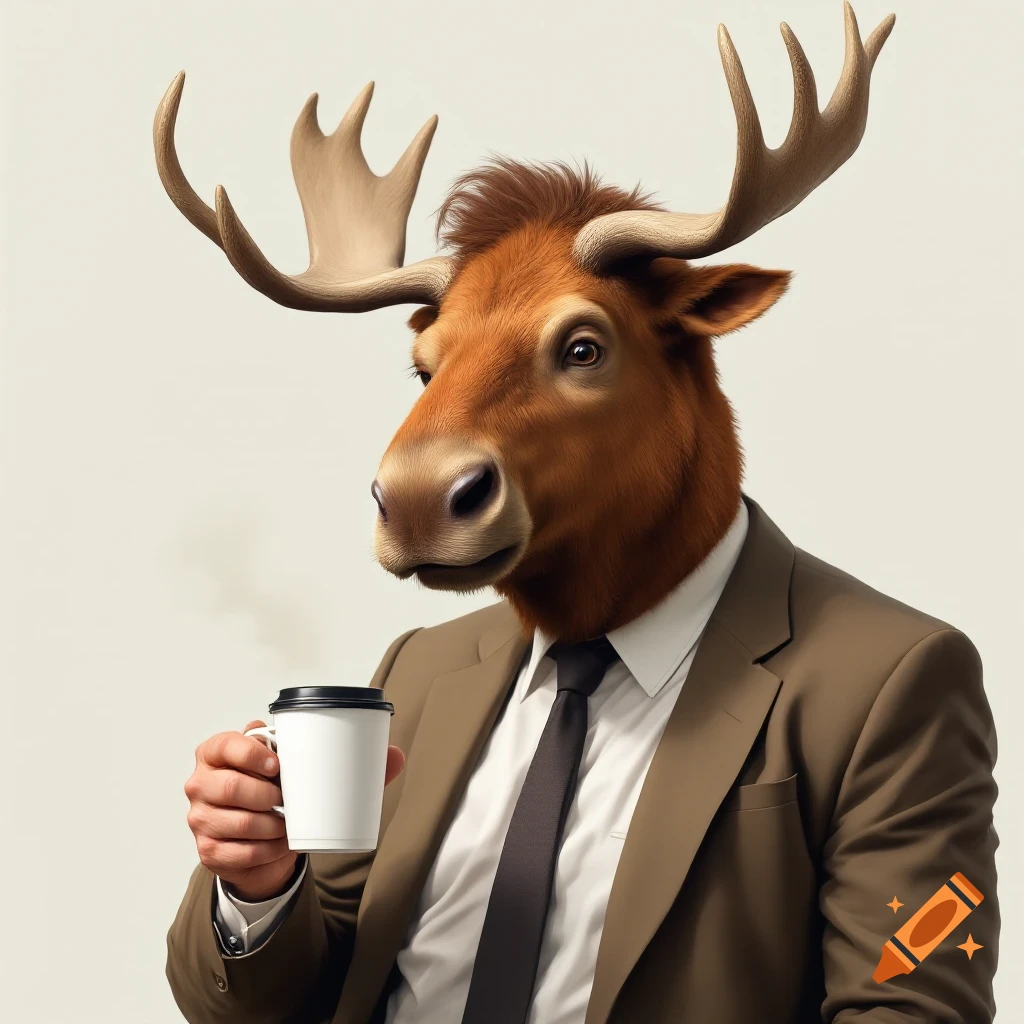 A person with a moose head wearing a suit and holding a coffee cup