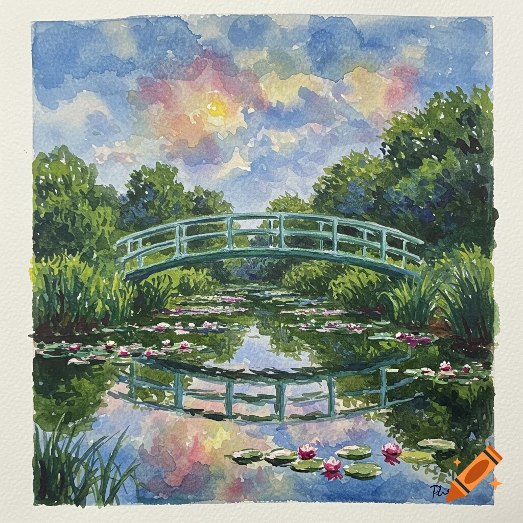 Watercolor painting of a green bridge over a lily pond, with trees and a cloudy sky reflected in the water.