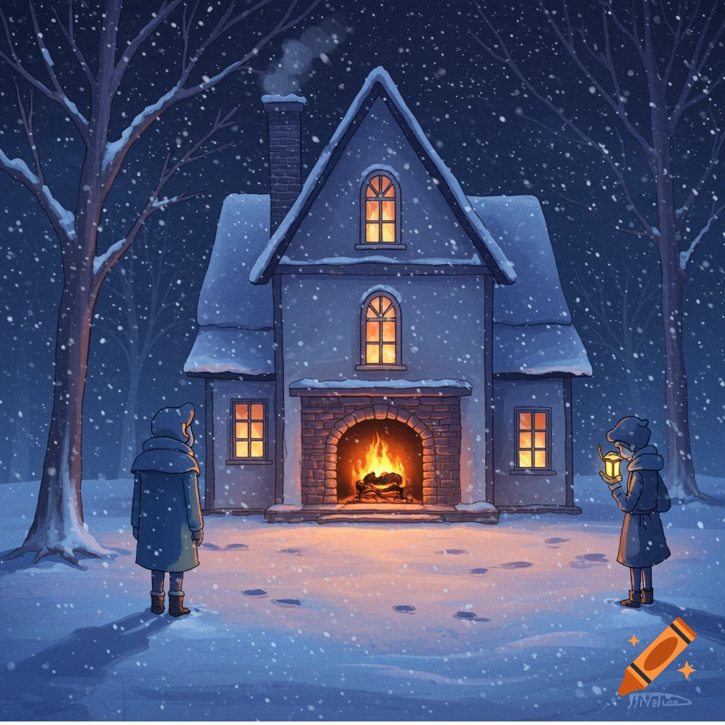 A house with a fireplace in a snowy forest during a storm, with two figures