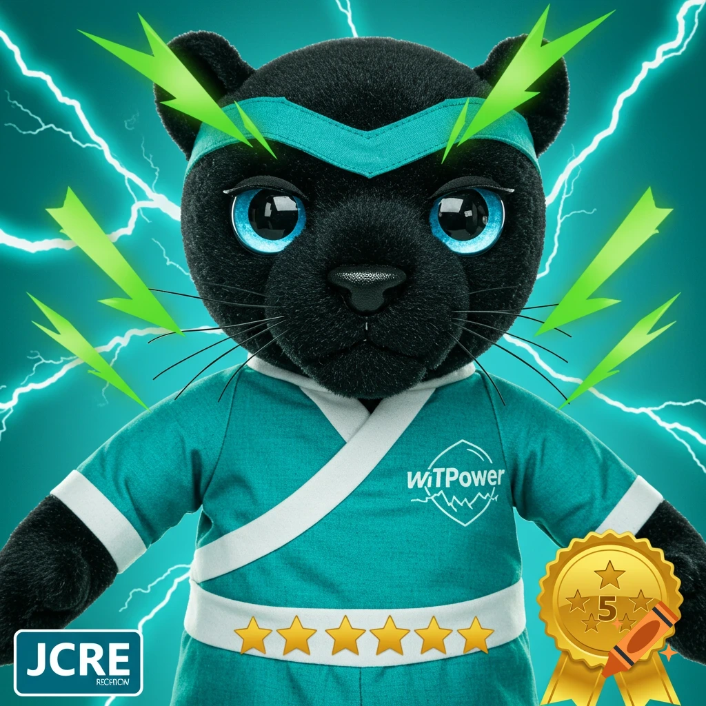 A stuffed black panther in a teal outfit with a headband, surrounded by green lightning bolts. It has logos on its chest and side.