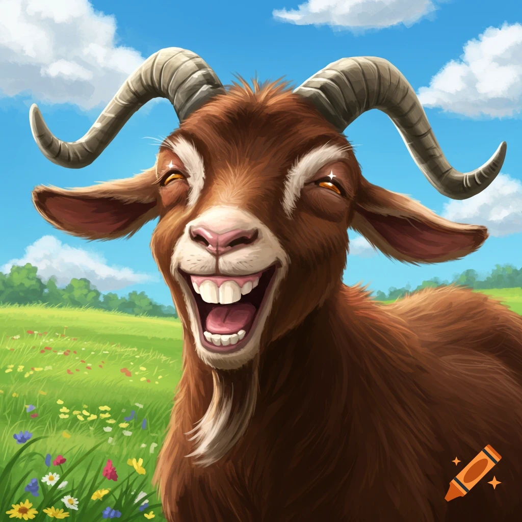 A laughing brown goat in a sunny field.