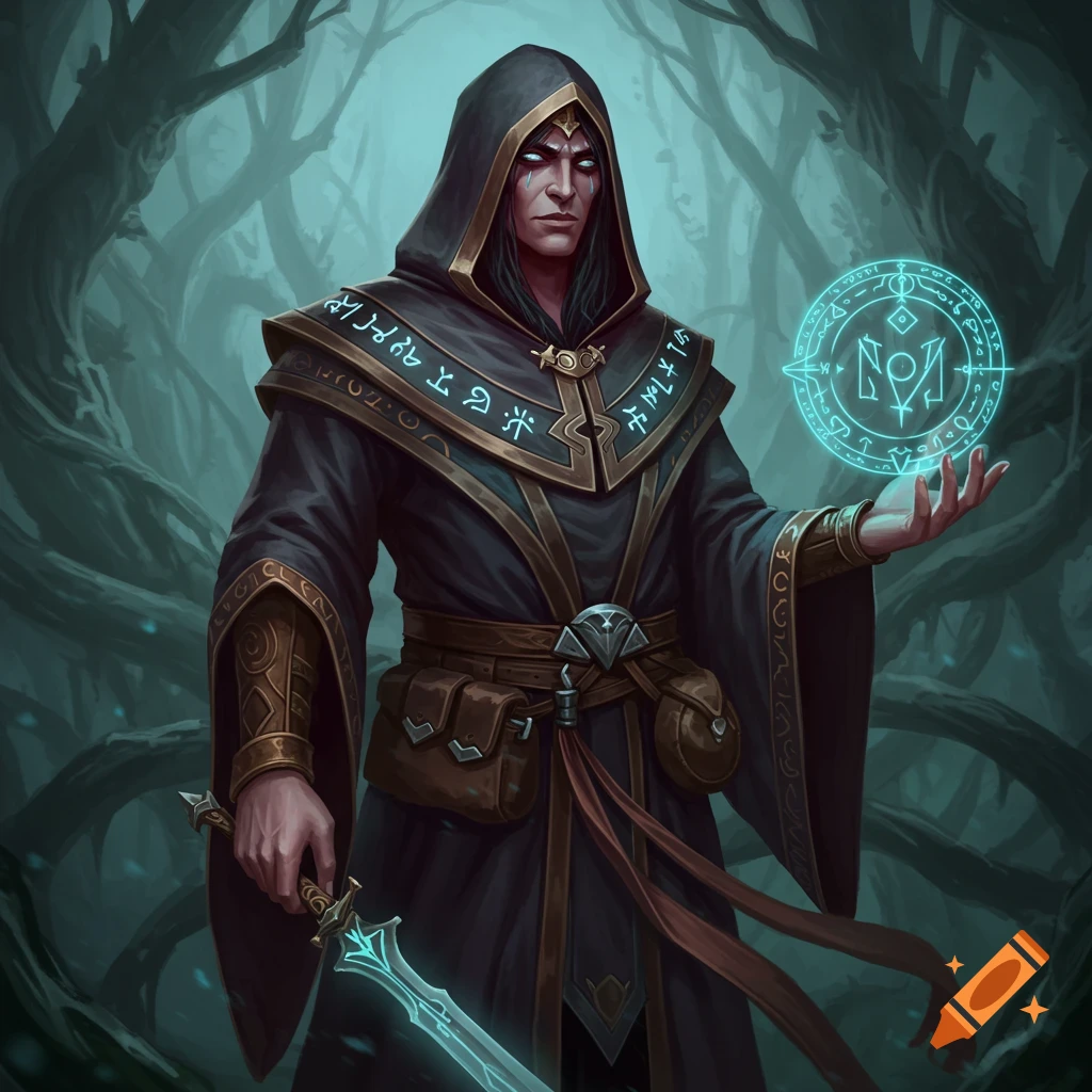 A hooded fantasy sorcerer holding a glowing orb and sword in a dark forest.