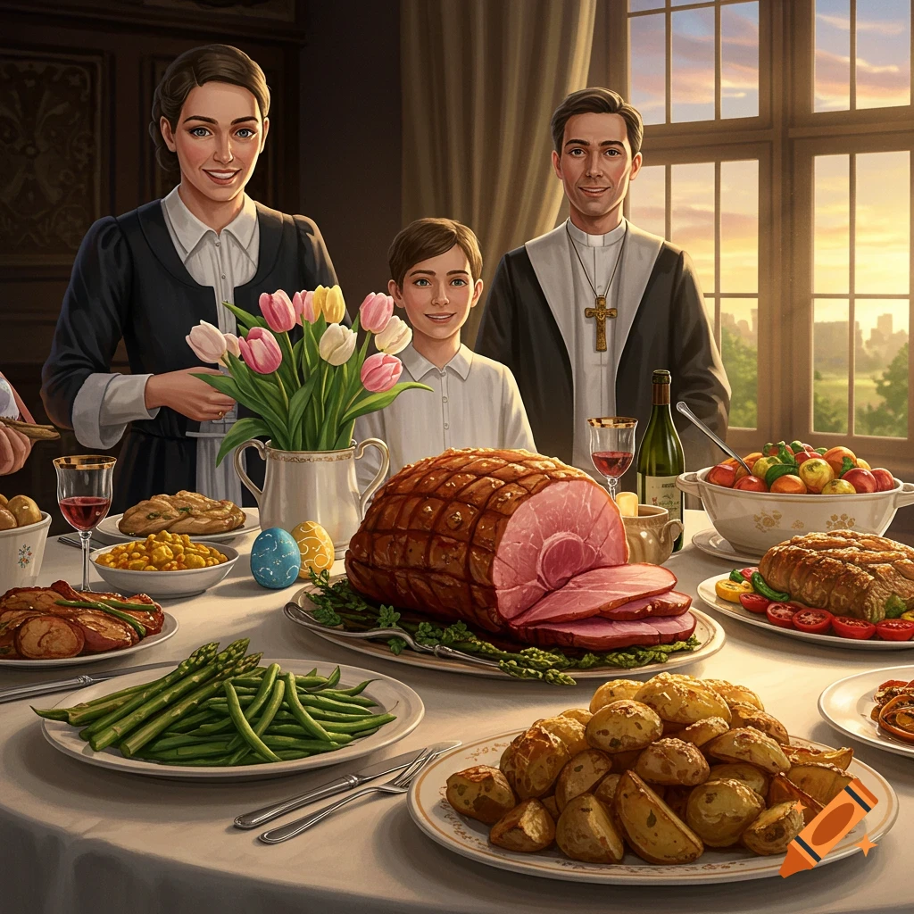 A family, including a priest, is seated at an Easter dinner table laden with food.