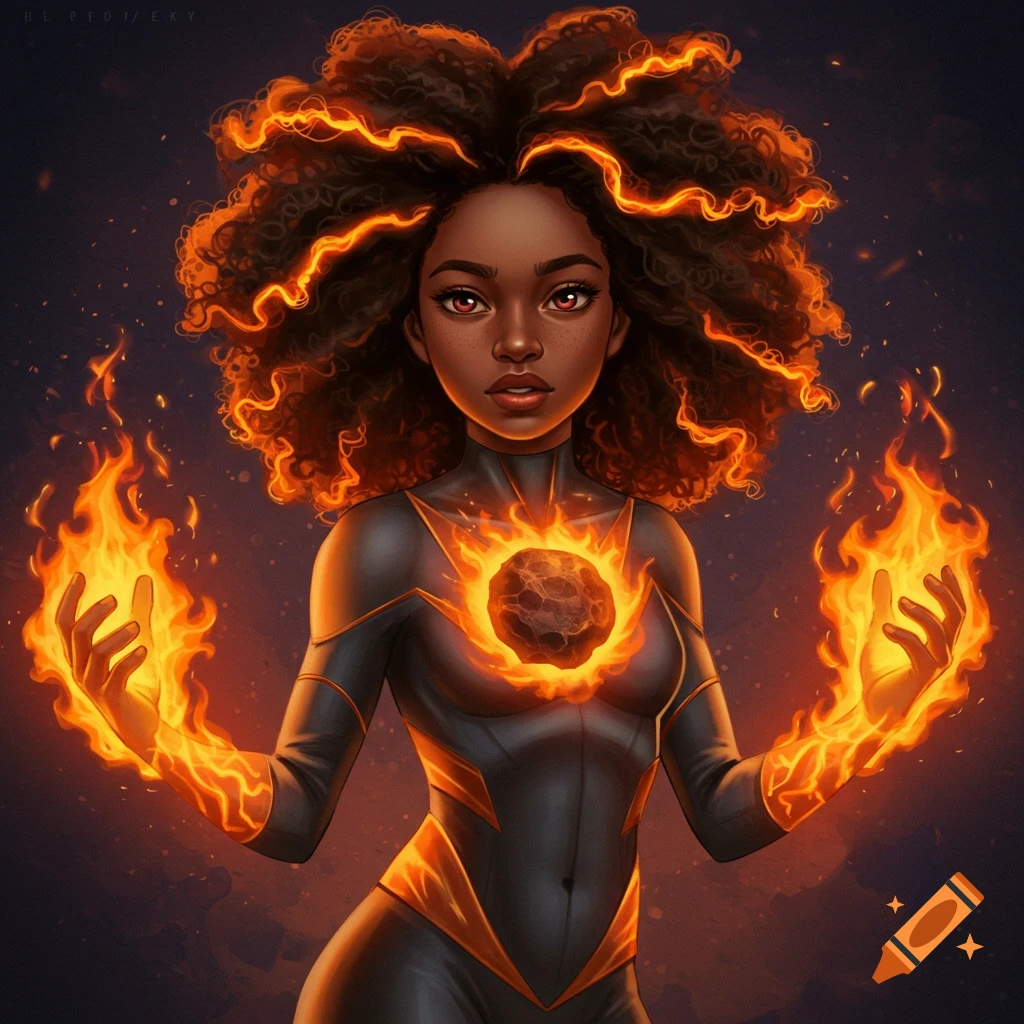 A superhero girl with fiery red hair and fire powers emanating from her hands and chest.