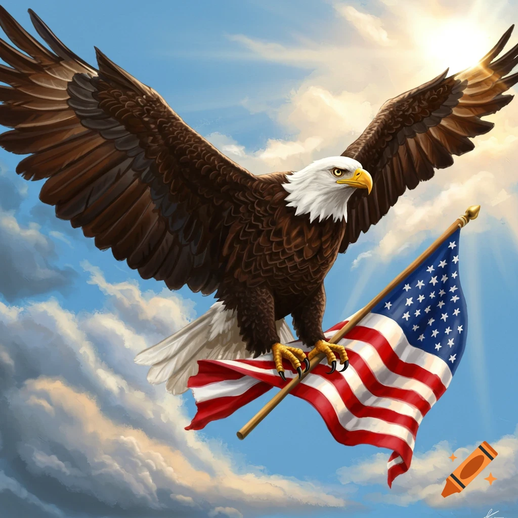 A bald eagle flies with a US flag in its talons against a cloudy sky.