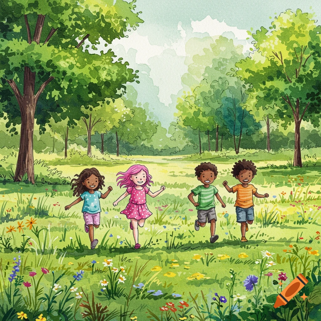 Watercolor illustration of diverse children running through a flower-filled park.