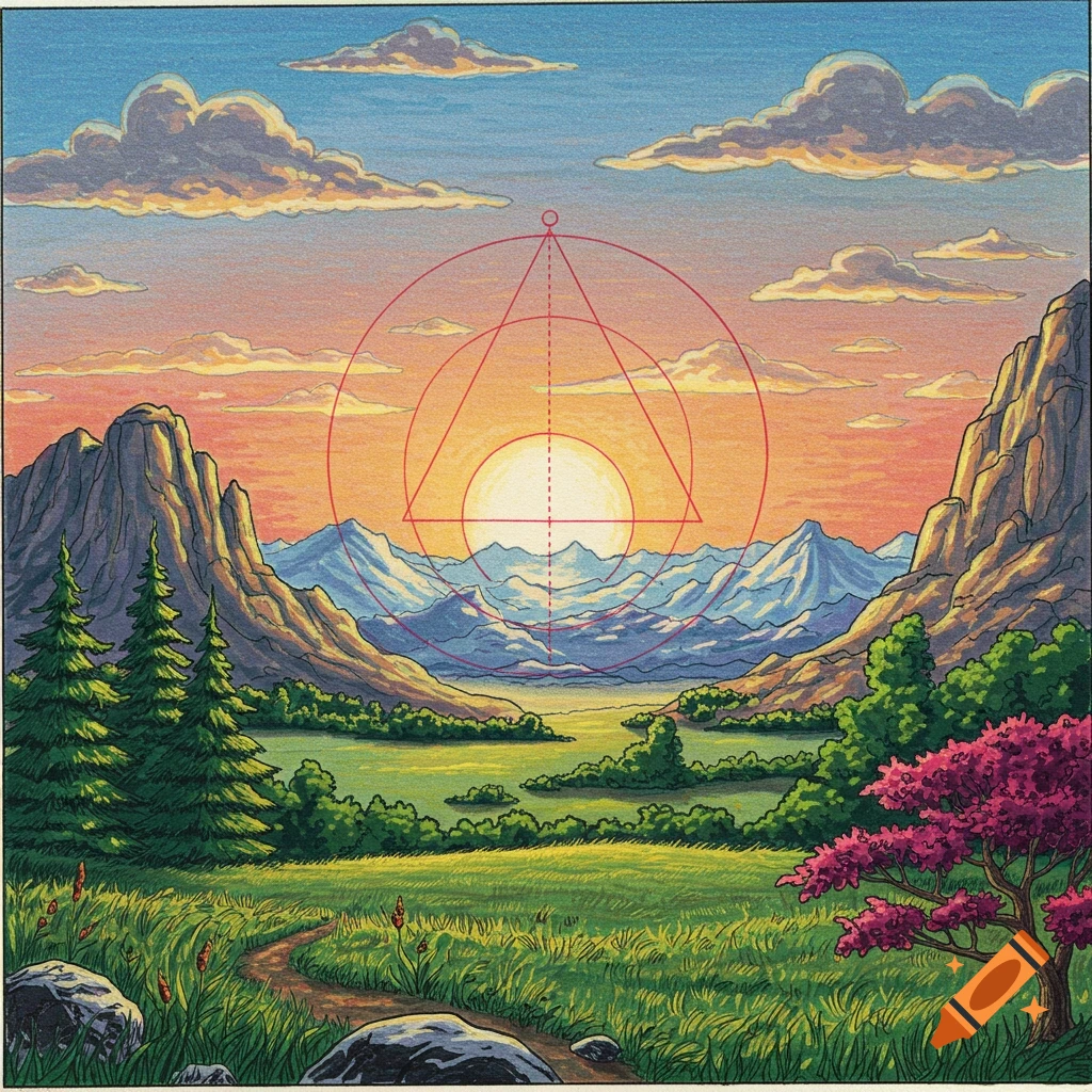 Drawing of a mountain landscape at sunset with geometric shapes overlaid.