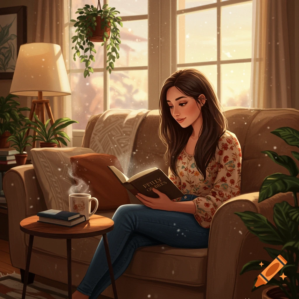 A young woman is reading a book on a couch in a cozy living room.