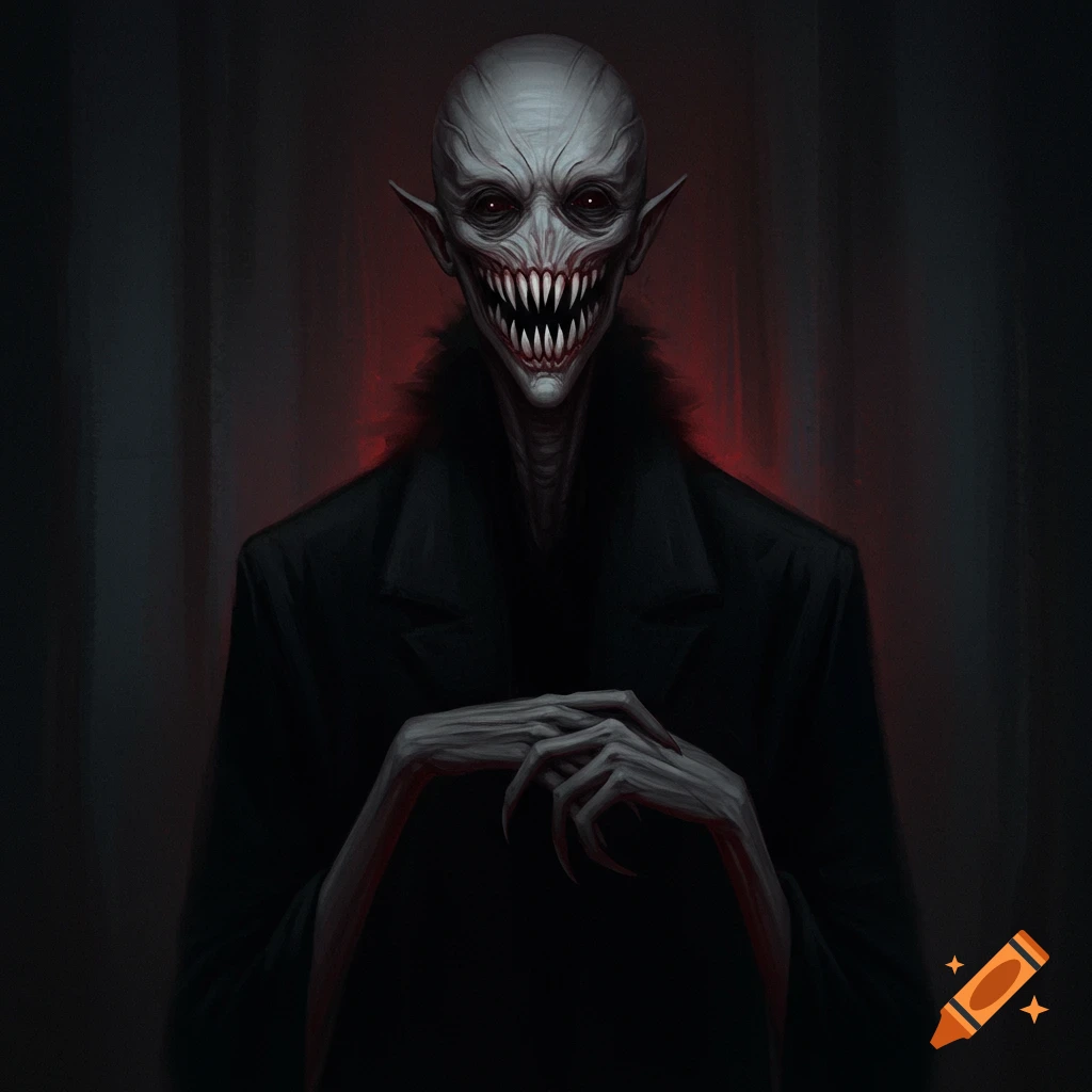 A creepy, pale creature with sharp teeth and red eyes, wearing a black coat.