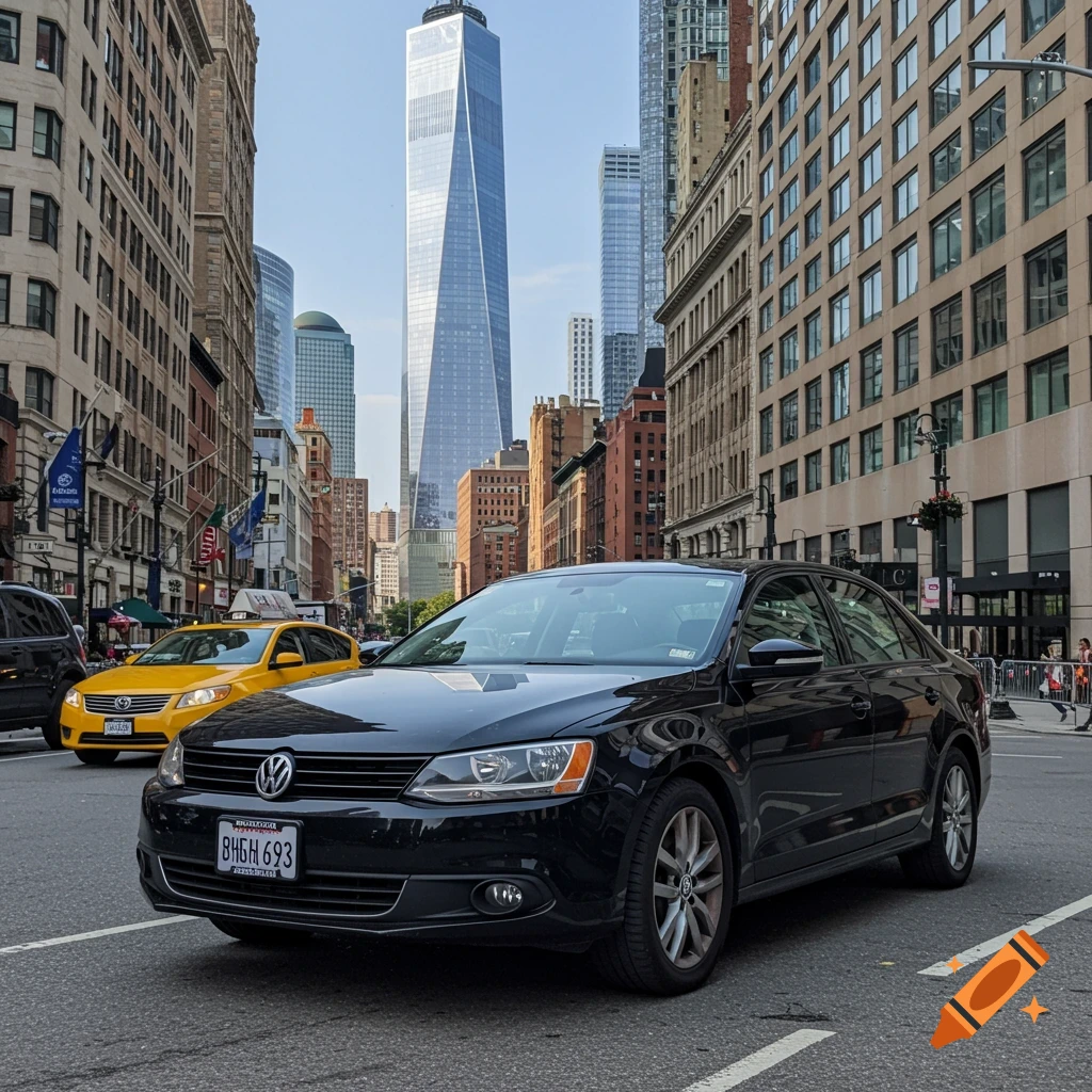 A black Volkswagen Jetta and yellow taxi on a city street in Manhattan with the One World Trade Center in the background.