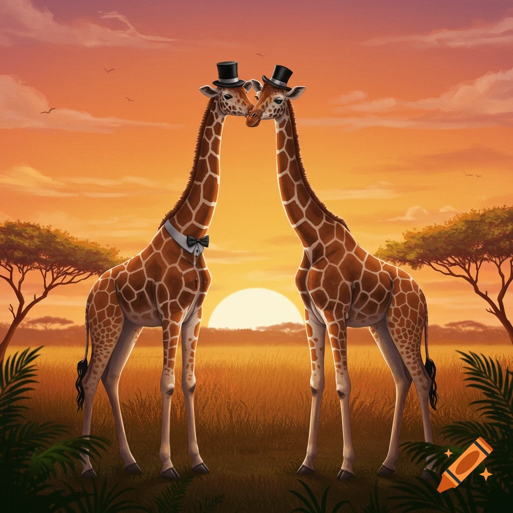 Two giraffes in top hats and bow ties form a heart with their necks at sunset in a savanna.