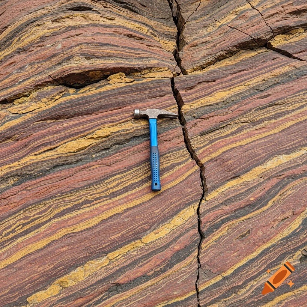 A geological rock face with colorful layered strata and a crack, with a rock hammer.