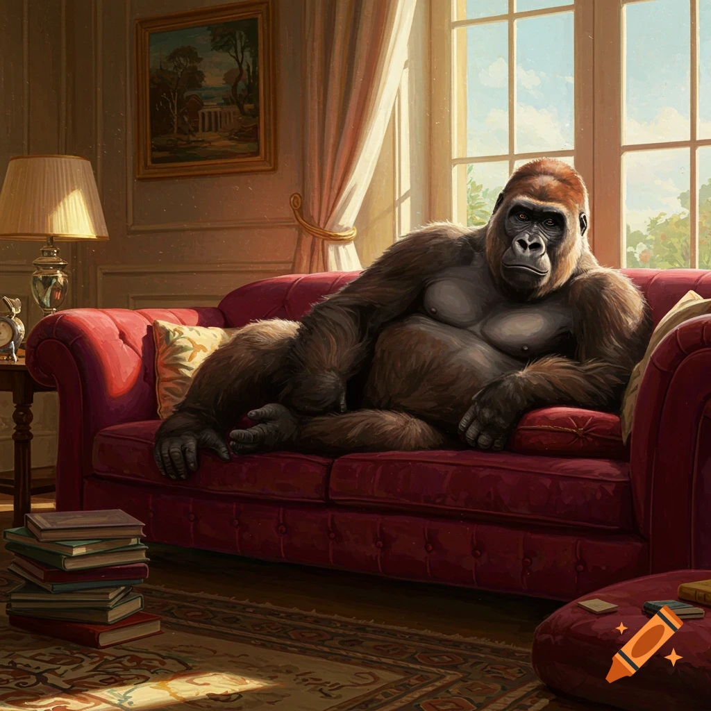 A gorilla lounging on a red couch in a sunny room.