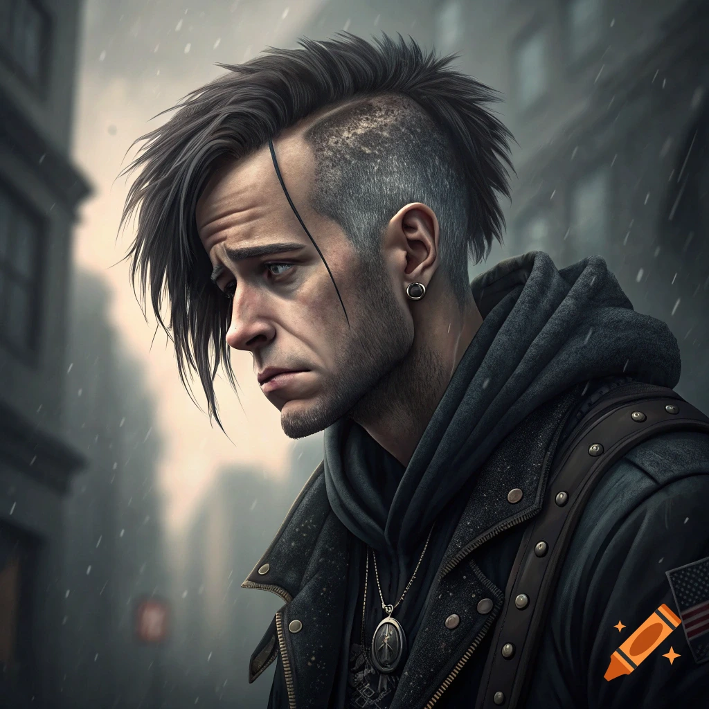 Portrait of a person with emo hairstyle and leather jacket standing in the rain in a city.