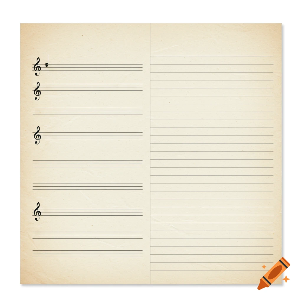Old paper with blank music staffs on the left and college ruled lines on the right.