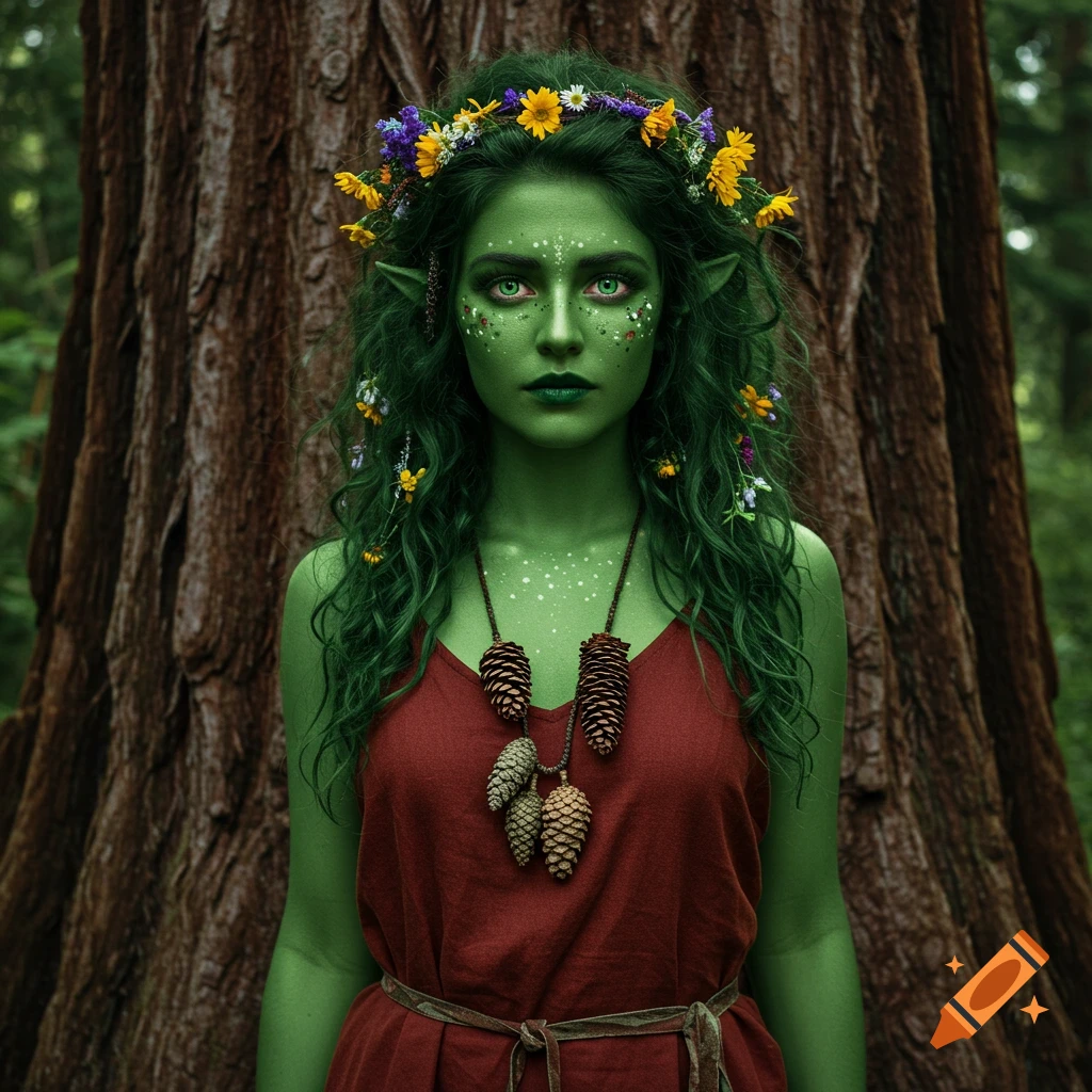 Photorealistic portrait of a green-skinned woman with green eyes, wearing a flower crown and pinecone necklace, standing before a large tree