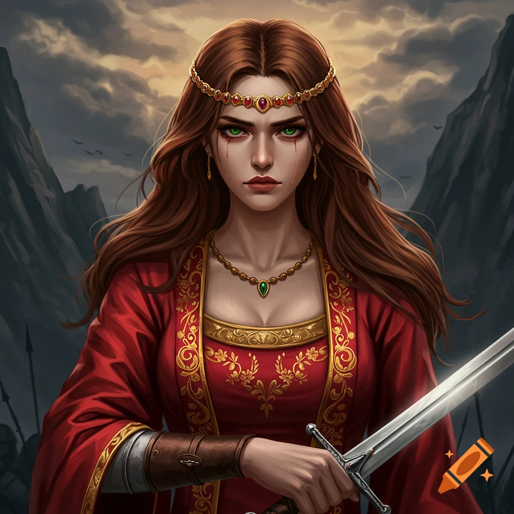 A warrior queen with brown hair and green eyes, wearing a red dress and holding a sword in a mountain landscape.
