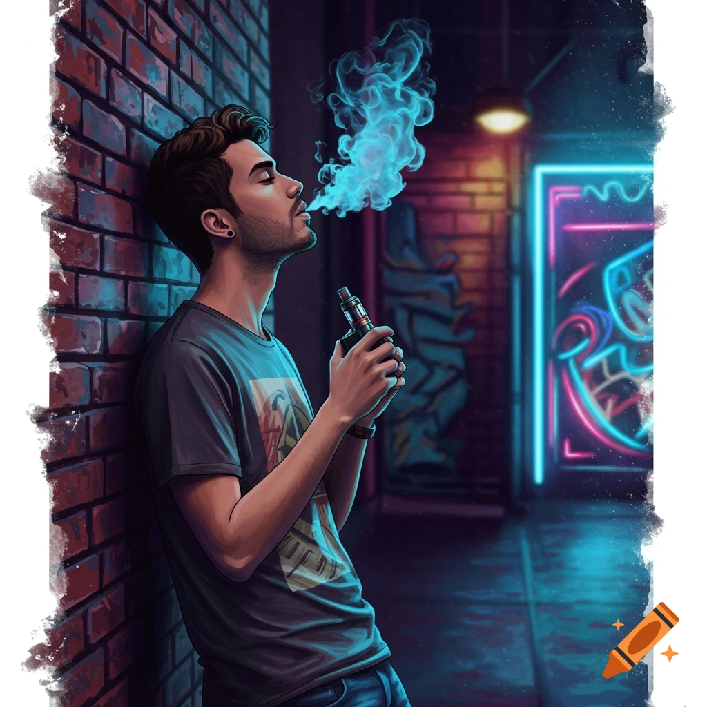 A man is vaping against a brick wall in a neon-lit alley.