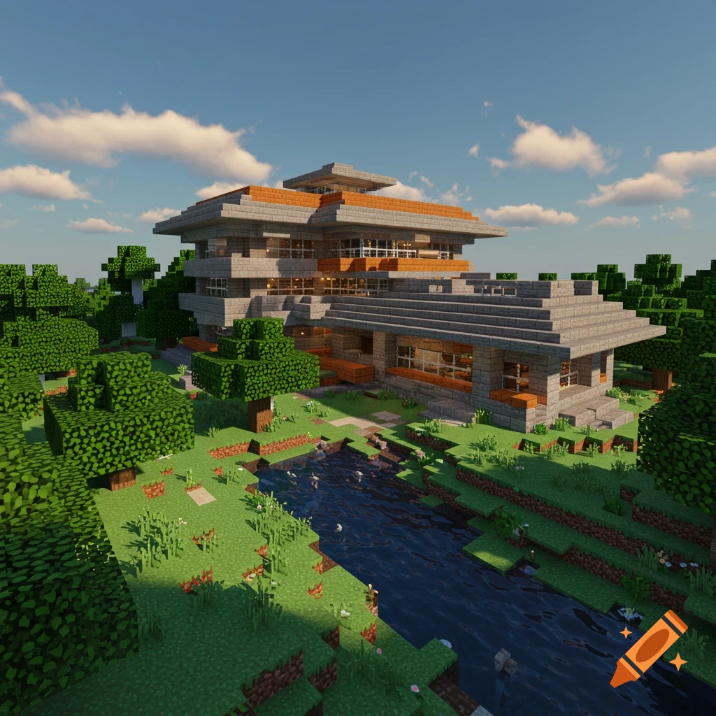 Minecraft-style modern house next to a stream.