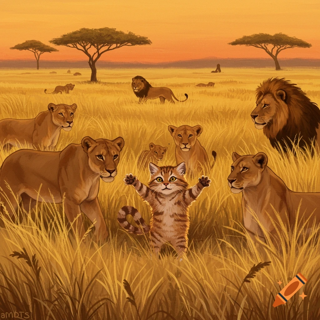 A cute tabby kitten with paws raised stands among a pride of lions in an African savanna landscape.