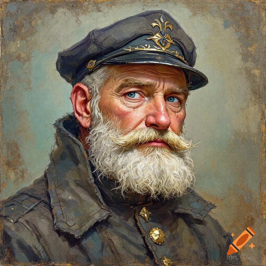 Oil painting portrait of an older man with a white beard and mustache, wearing a dark uniform cap and jacket.