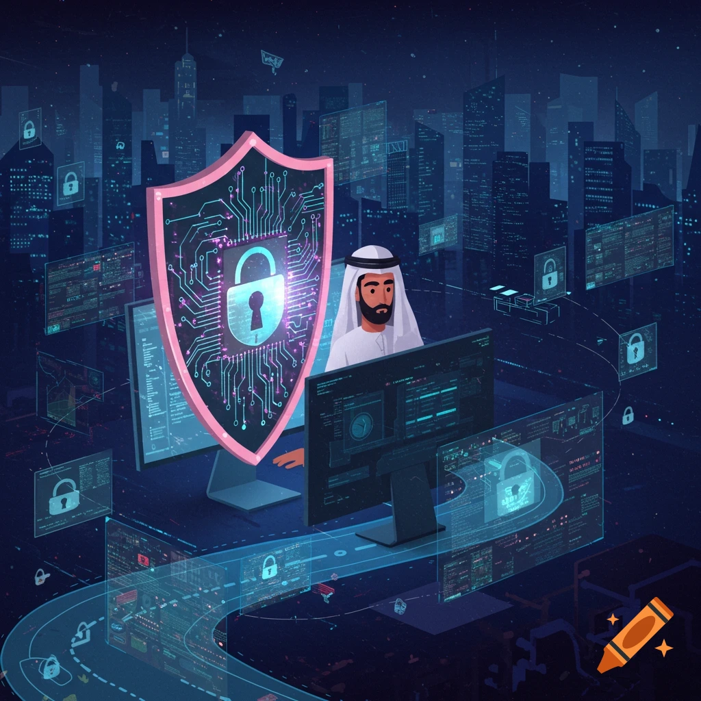 A man in traditional attire with a digital shield and locks, representing cybersecurity in a city.