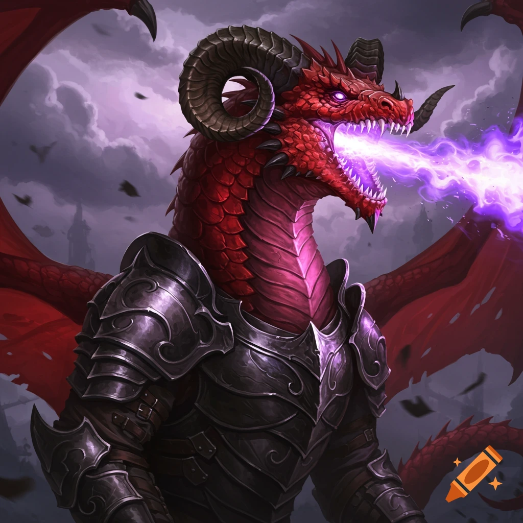 Red dragon with ram horns in war armor breathing violet fire.