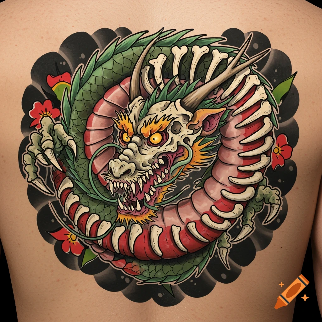 A colorful traditional/new school cartoon dragon tattoo, half bone.