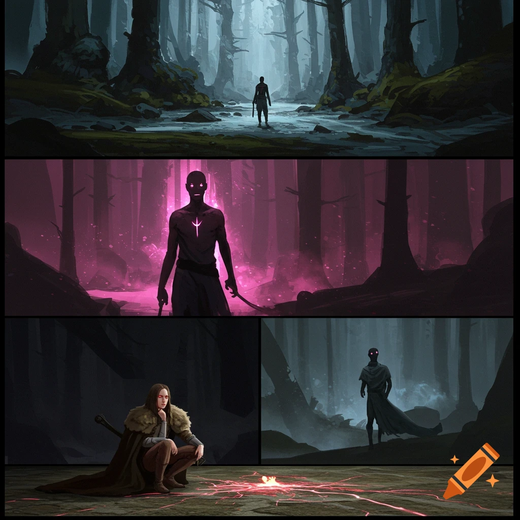 Three panels depicting dark fantasy scenes: a figure in a misty forest, a glowing figure with a sword, and figures with glowing eyes by a fire.