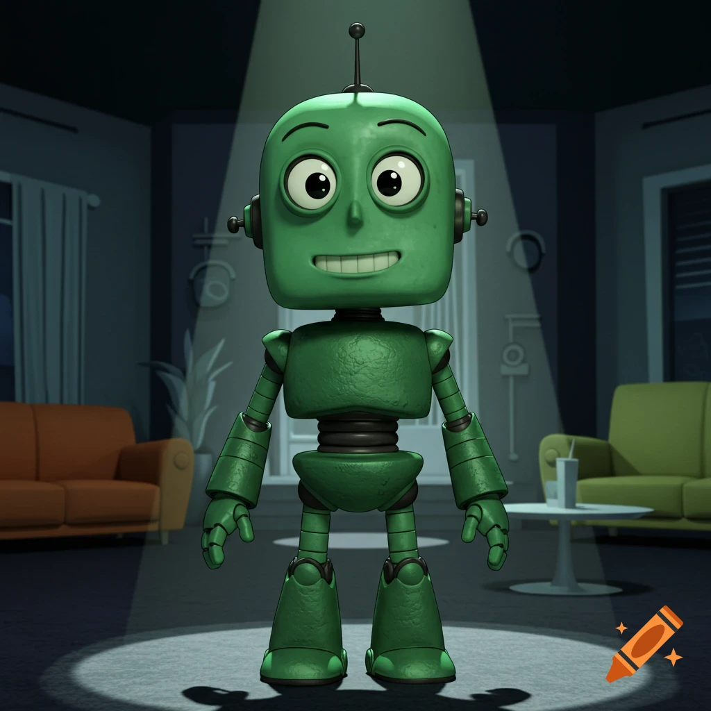 A green cartoon robot stands under a spotlight in a room.