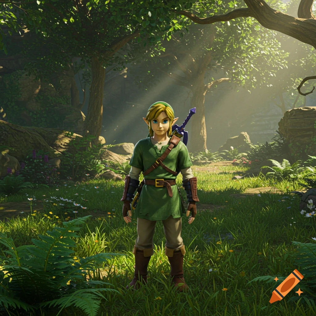 Link stands in a sunlit forest clearing.