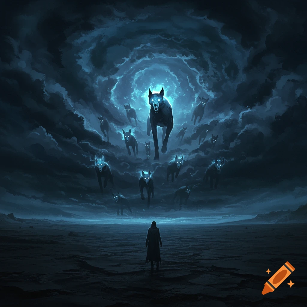 A figure looks up at glowing-eyed dog-like creatures emerging from a swirling dark sky in a dark landscape.