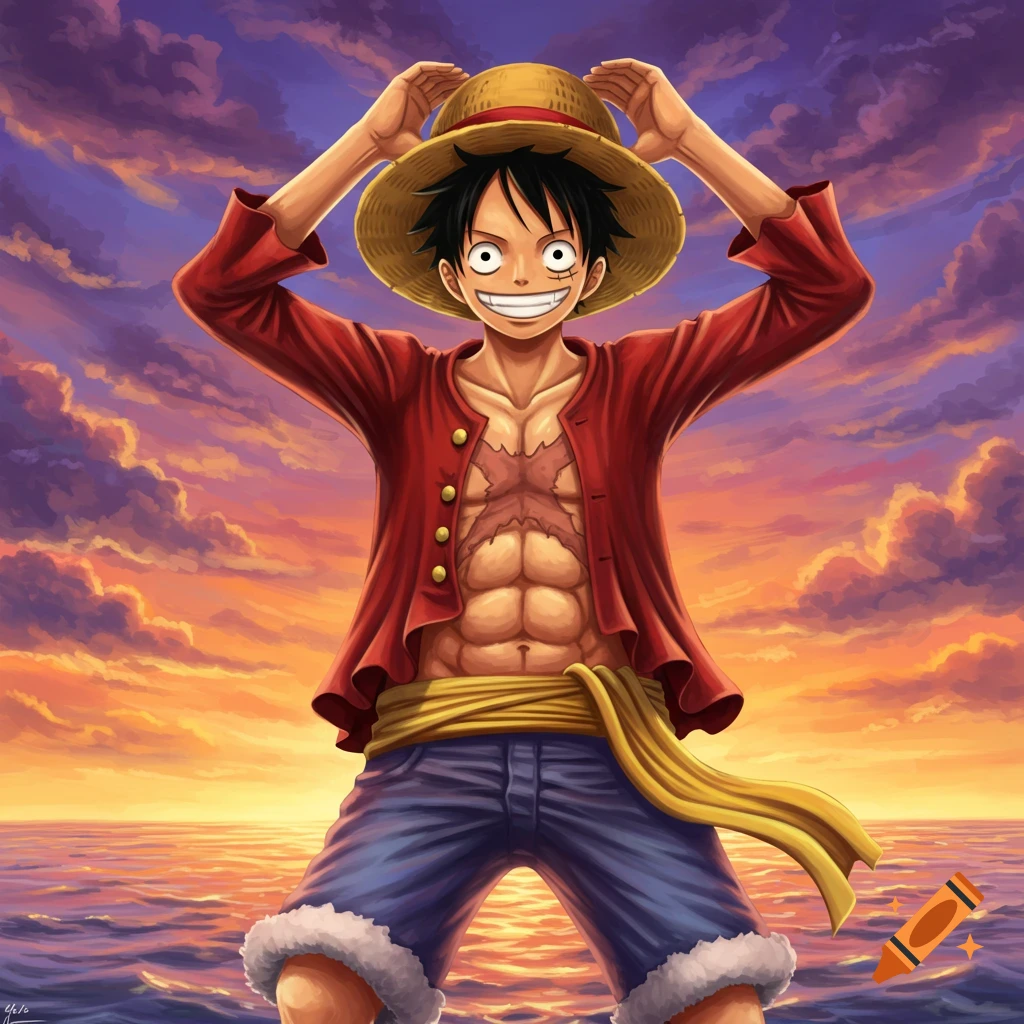 Anime character Luffy from One Piece stands by the ocean at sunset, holding his straw hat.