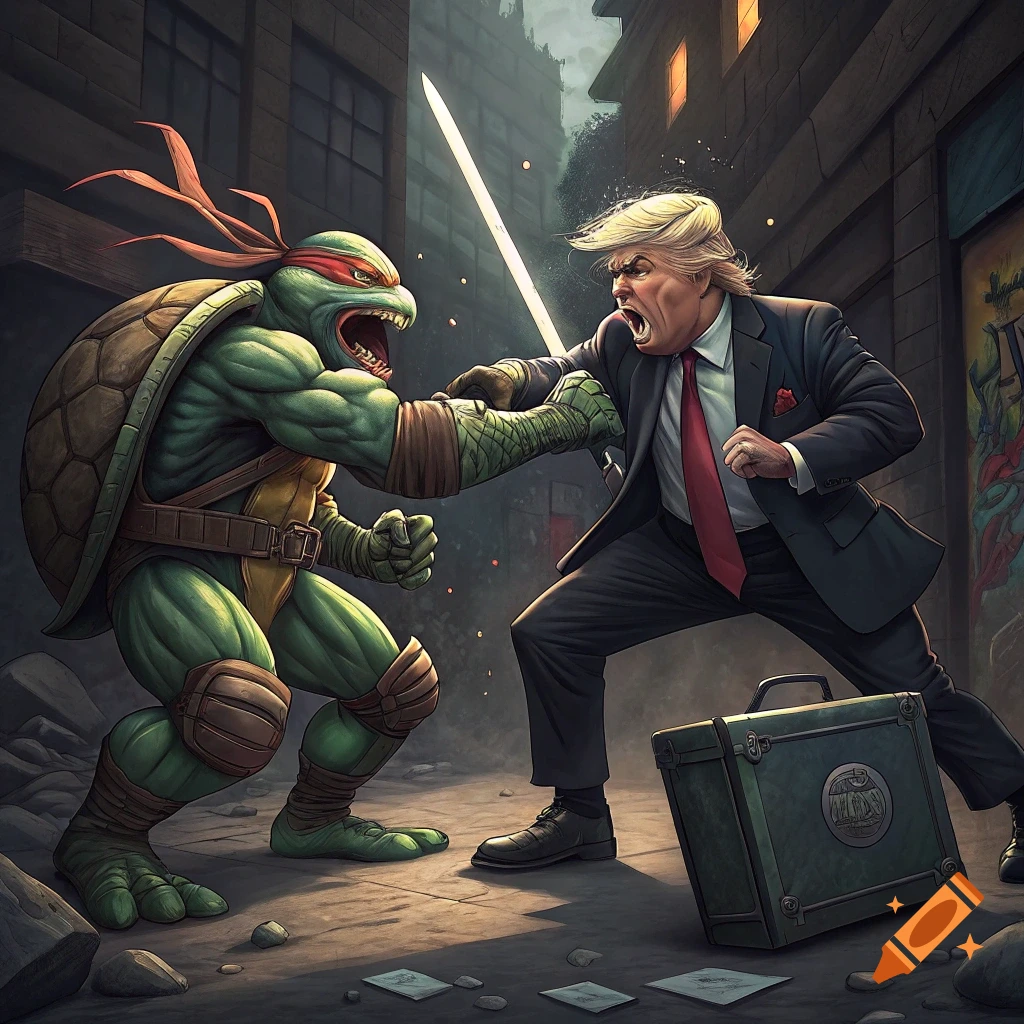 An illustration of a Ninja Turtle fighting Donald Trump in a street scene.
