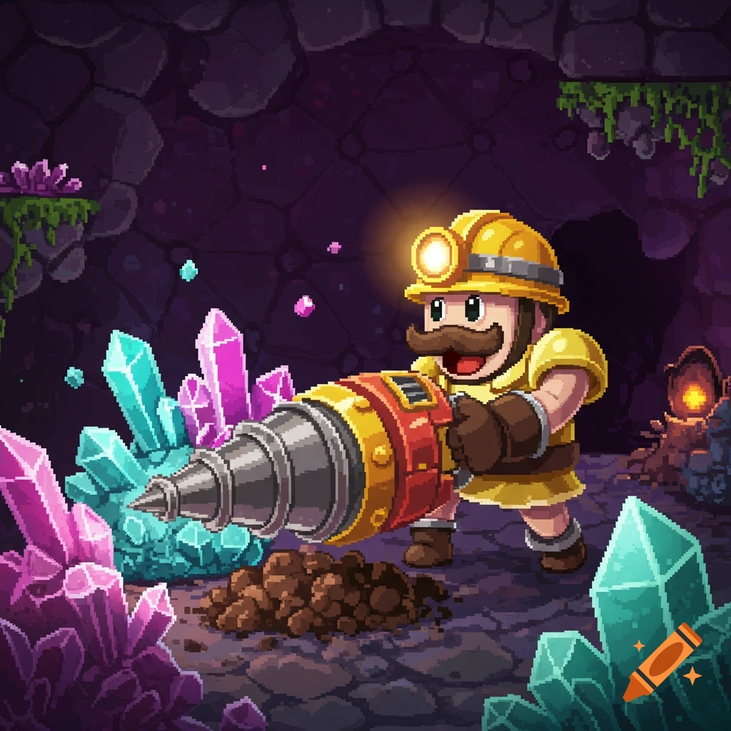Pixel art of a miner drilling large crystals in a cave.