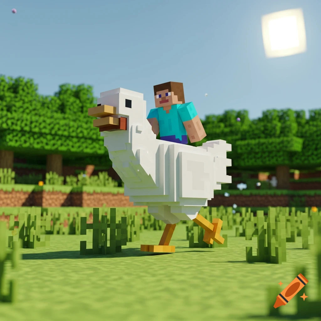 Minecraft character Steve rides a chicken in a sunny blocky landscape, 3D render.