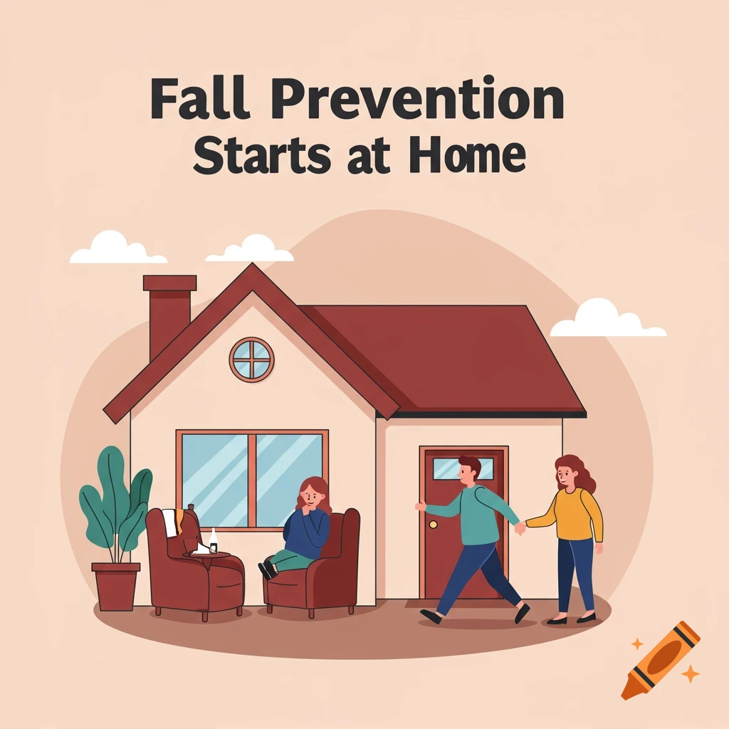 Cartoon illustration of a house and people with text "Fall Prevention Starts at Home"
